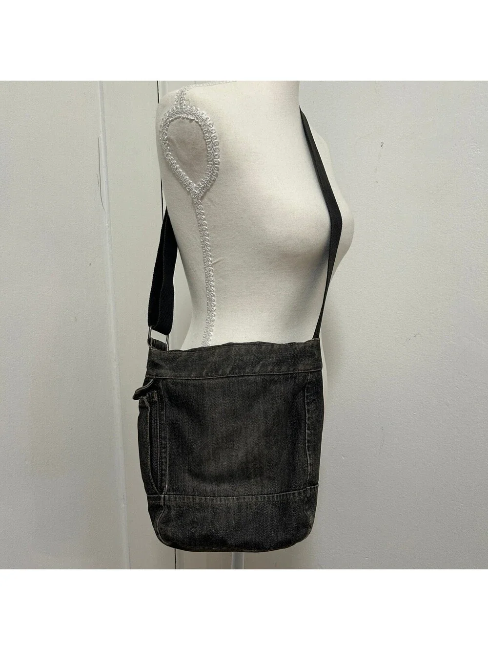 VTG Y2K Fcuk Jeans Dark Wash Cotton Denim Crossbody Bag Men's One Size Black
